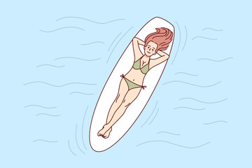 Happy woman lying on board swimming in sea on summer vacations. Smiling girl enjoy summertime in swimming pool. Recreation concept. Vector illustration. 
