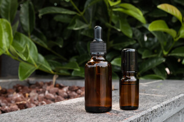 Essential oil in glass bottle on green plant outdoors , great design for any purposes. Cosmetic liquid beauty product. Nature background.