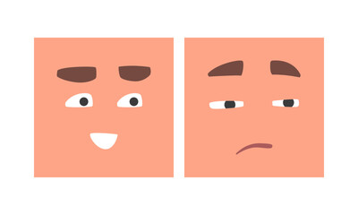 Face Expression and Emotion with Eyebrow and Mouth Grimace in Square Shape Vector Set