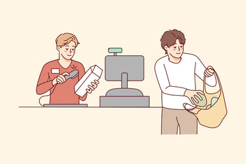 Man buying groceries in supermarket. Cashier beep sell products to male client in store. Consumerism and shopping. Vector illustration. 