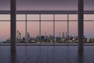 Midtown New York City Manhattan Skyline Buildings from High Rise Window. Beautiful Expensive Real Estate. Empty room Interior Skyscrapers View Cityscape. Sunset West Side. 3d rendering.