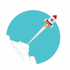 App launch. Startup vector concept, flat cartoon rocket or rocketship launch, mobile phone or smartphone, idea of successful business project start up, boost technology, innovation.	