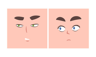 Face Expression and Emotion with Eyebrow and Mouth Grimace in Square Shape Vector Set