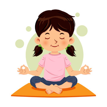 recommend clip art: Cute girl sitting cross-legged and meditating in yoga pose, calm and relaxed