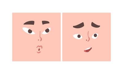 Face Expression and Emotion with Eyebrow and Mouth Grimace in Square Shape Vector Set