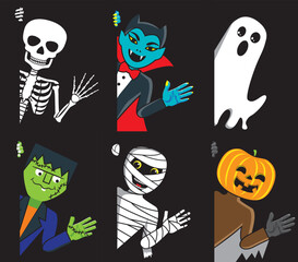 Skeleton, Vampire, zombie, mummy ghost and pumpkin look out and wave. Halloween vector illustration.