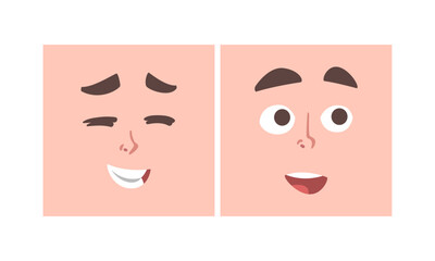 Face Expression and Emotion with Eyebrow and Mouth Grimace in Square Shape Vector Set