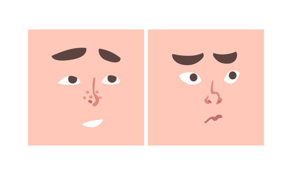 Face Expression and Emotion with Eyebrow and Mouth Grimace in Square Shape Vector Set