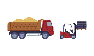 Heavy Machine or Truck Carrying Wheat or Barley Grain and Fork Lift Vector Set