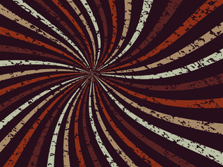 groovy retro starburst sunburst background pattern in grunge textured vintage color palette of blue orange and beige white with spiral or swirled radial striped design, old 60s hippy background vector