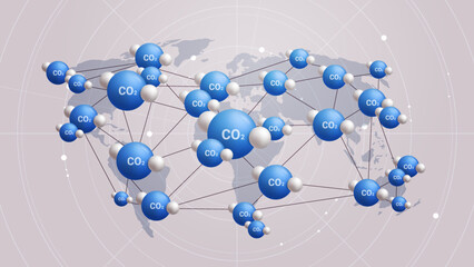 CO2 carbon dioxide toxic gas molecules network on world map emission reduction concept - obrazy, fototapety, plakaty