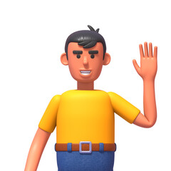 3d render of man in yellow shirt waving, greeting