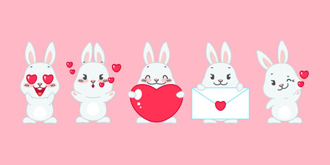 Set of cute bunnies. Flat cartoon illustration of 5 little rabbits in love isolated on a pink background. Vector 10 EPS.