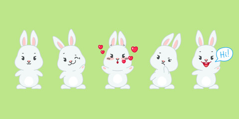 Obraz premium Set of cute bunnies. Flat cartoon illustration of 5 little rabbits of isolated on a light green background. Vector 10 EPS.