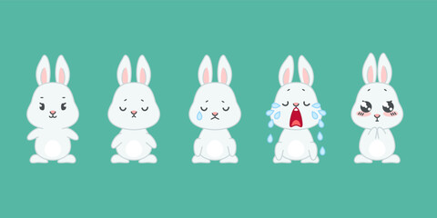 Set of cute bunnies. Flat cartoon illustration of 5 little sad rabbits isolated on a mint green background. Vector 10 EPS.