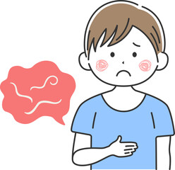 アニサキスが原因で、食中毒をおこした男性のイラスト