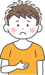 腹痛で、お腹を押さえる男性のイラスト