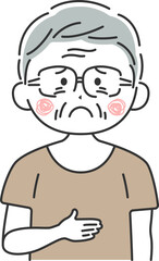 腹痛で、お腹を押さえる、年配男性のイラスト