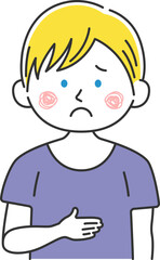 腹痛で、お腹を押さえる、白人男性のイラスト