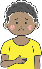 腹痛で、お腹を押さえる、黒人男性のイラスト