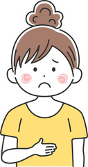 腹痛で、お腹を押さえる女性のイラスト