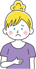 腹痛で、お腹を押さえる、白人女性のイラスト
