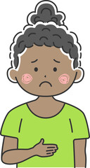 腹痛で、お腹を押さえる、黒人女性のイラスト