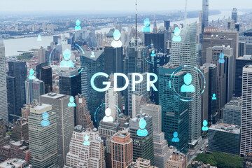 Aerial panoramic city view of Time Square area, Manhattan West Side and the Hudson River, New York city, USA. GDPR hologram, concept of data protection regulation and privacy for all individuals