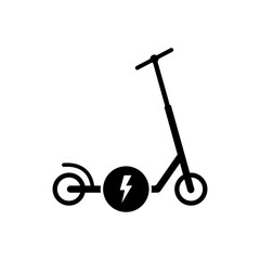 Electronic Kick Scooter Black Silhouette Icon. Electrical Power Push Wheel Bike Glyph Pictogram. Eco Handle E Transport. Electricity Battery Kick Scooter Flat Symbol. Isolated Vector Illustration