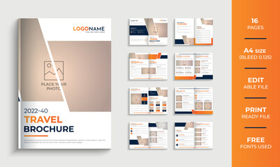 Creative multipurpose travel agency brochure design template, 16 pages corporate company profile, editable template design layout.