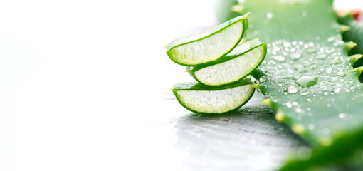 Aloe Vera closeup. Sliced Aloevera natural organic renewal cosmetics, alternative medicine. Organic...