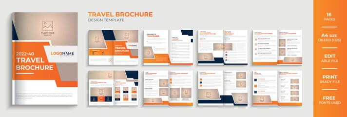 Multipage travel agency brochure design, 16 pages corporate company profile, editable template