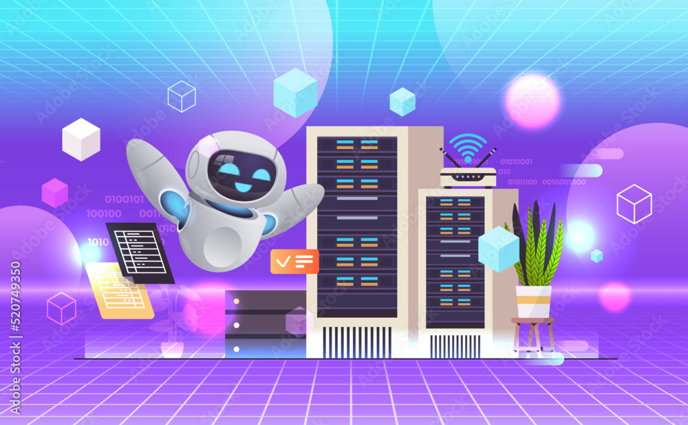 Poster robot working in data center room hosting server computer monitoring information database artificial
