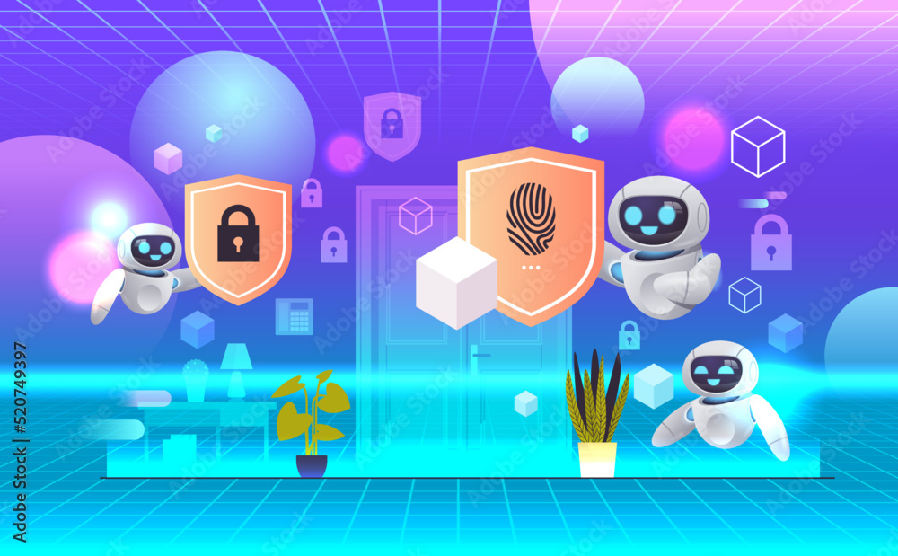 Poster robots holding shields with padlock and fingerprint web data security protection artificial intellig