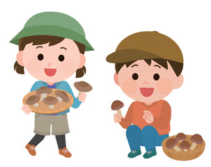 きのこ狩りをする子ども　男の子と女の子　イラスト