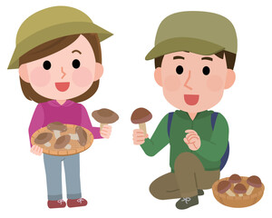 きのこ狩りをする男女　イラスト