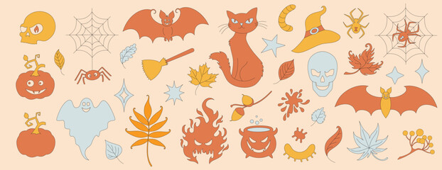 Set with retro 70s style Halloween elements. Pumpkin, spider, skull, web, bat, cat, scull, hat. Autumn simple minimalist leaves. 1970 good vibes. Vector illustration.