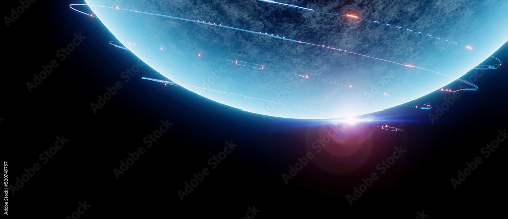 Wall mural 3d rendering of planet in empty outer space surround with scifi ring elements. for news or advertisi