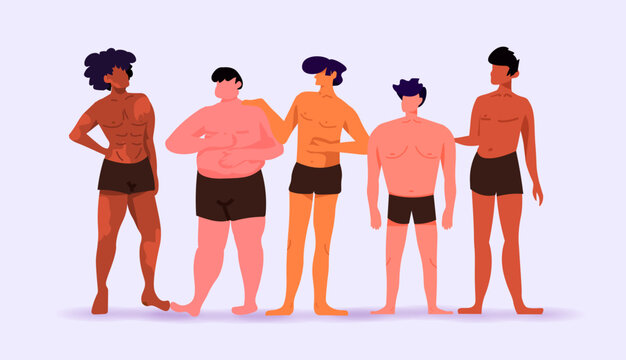 Mix Race Men Of Different Height Figure Type And Size Standing Together Love Your Body Concept