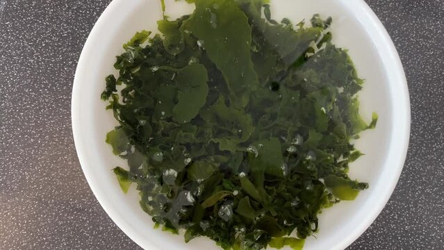 Soaking seaweed wakame in a sachet. Accelerated video 10 minutes. Healthy Seafood. Japanese Cuisine.