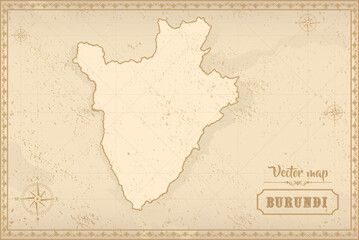 Map of Burundi in the old style, brown graphics in retro fantasy style