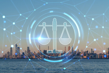 Plakat New York City skyline from New Jersey over Hudson River with Hudson Yards skyscrapers at sunset. Manhattan, Midtown. Hologram legal icons. The concept of law, order, regulations, digital justice