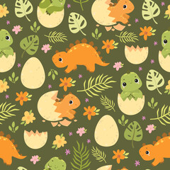 Cute seamless pattern with dinosaurs. Newborn dinosaur. Kids background.