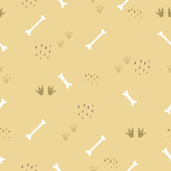 Seamless children's pattern dinosaur bones. Cute children's background with dino. Tropical pattern with palm leaves