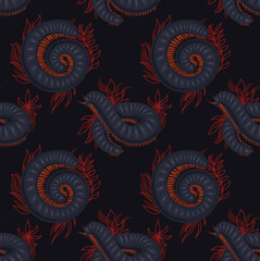 Dark vector seamless pattern with scary centipedes in roll with foliage and leaves on black background. Wallpaper with insect with a chitinous shell.