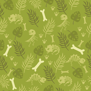 Seamless children's pattern with dinosaur skeletons. Cute children's background with dino. Tropical pattern with palm leaves