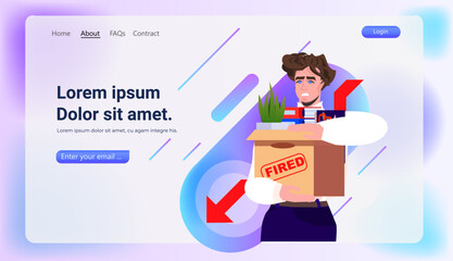 unhappy business man holding cardboard box with things you are fired dismissal unemployment jobless employee job reduction