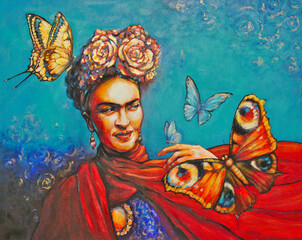 Young beautiful Mexican woman with a traditional hairstyle - flowers in her hair. Butterflies in background.Picture created with acrylics colors on canvas.