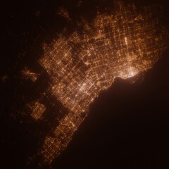 Mississauga (Canada) street lights map. Satellite view on modern city at night. Imitation of aerial view on roads network from space. 3d render with glow effect