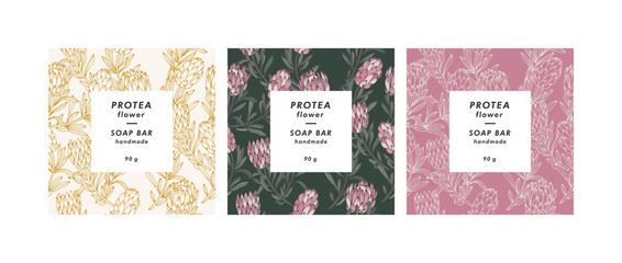 Vector set seamless patterns for cosmetics with template design labels. Backgrounds with protea flowers for handmade soap.